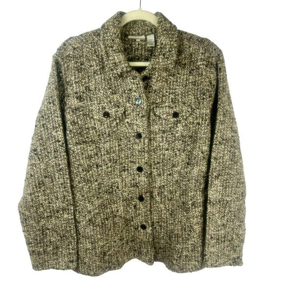 Chico's Wool Blend Jacket Blazer Women Large 2 Black Tan Button Front Texture - Picture 1 of 5